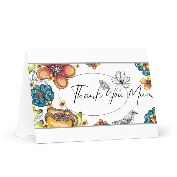 Thank You Very Much (One Bird and One Butterfly with Flowers Blooming – with Black Font – Silver Top and Bottom Line – with White Top and Bottom Border) Beautiful Flowers 4YouAreBlessed Hand Drawn and Illustrated Greeting Card