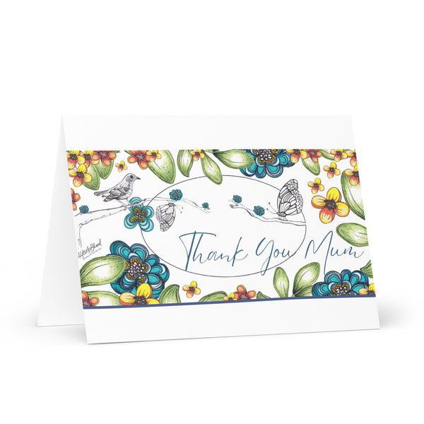 Thank You Very Much (Meeting in The Trees with Flowers Blooming – with Teal Font – Teal Bottom Line – with White Top and Bottom Border) Beautiful Flowers 4YouAreBlessed Hand Drawn and Illustrated Greeting Card