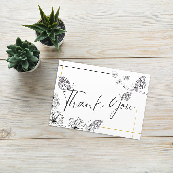 Beautiful Butterflies with Flowers Thank You 4YouAreBlessed [Black and White] (with Black and Gold Border) Greeting Card