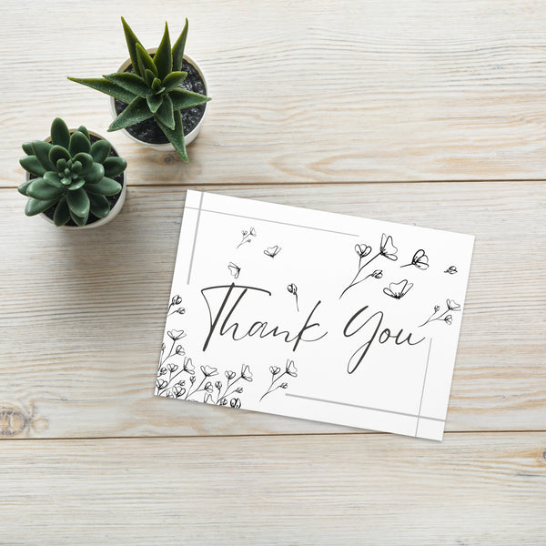 Flowers Blowing in The Wind Thank You 4YouAreBlessed [Black and White] (with Silver Border) Greeting Card