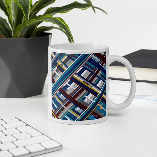 4YouAreBlessed Multi-Coloured [Teal, Blue, Grey, Ruby and Gold] Cross Striped Patterned Corporate White Glossy Mug