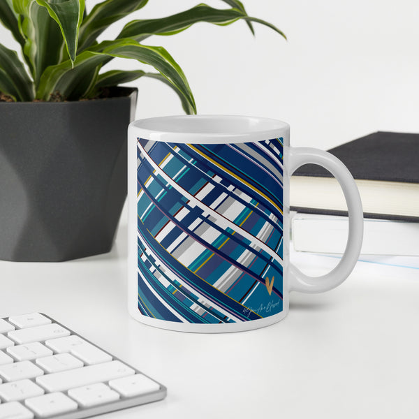 4YouAreBlessed Multi-Coloured [Navy, Teal, Grey and Gold] Cross Striped Patterned Corporate White Glossy Mug