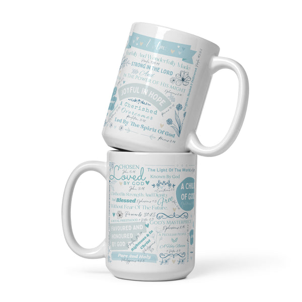 4YouAreBlessed I Am Scriptures (Baby Blue and Grey) Words of Affirmation White Glossy Mug