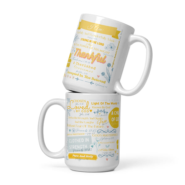 4YouAreBlessed I Am Scriptures (Yellow and Soft Blue) Words of Affirmation White Glossy Mug