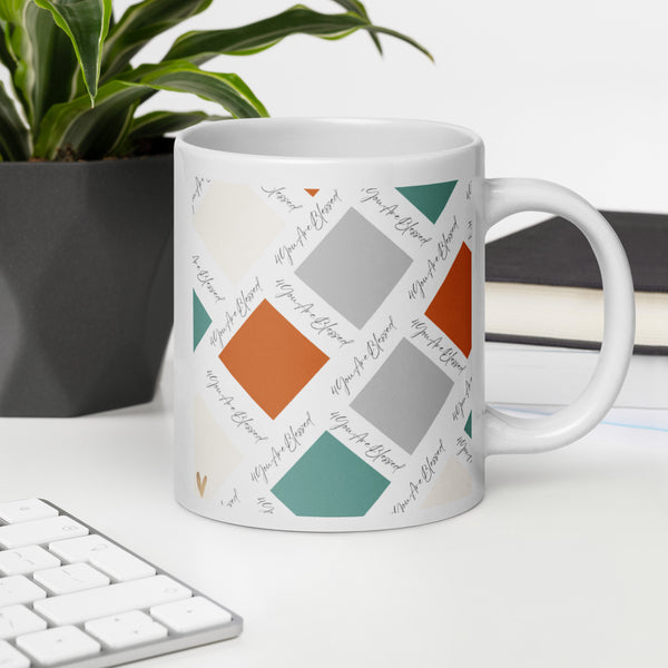 4YouAreBlessed Logo (Orange, Grey, Green and Cream) Square Patterned White Glossy Corporate Mug